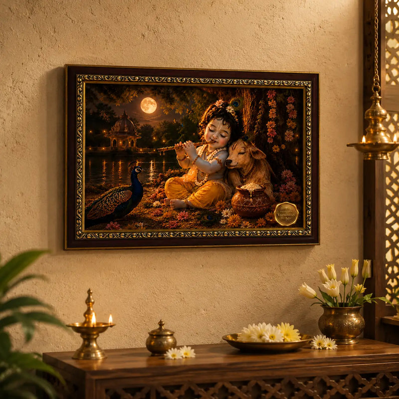 Baby krishna photo frame in a spiritual set up