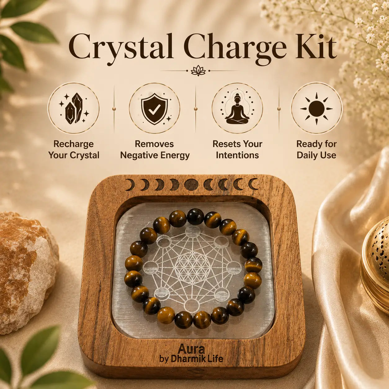 Crystal Charge Kit by Aura by Dharmk Life, featuring a wooden tray holding a tiger's eye bracelet