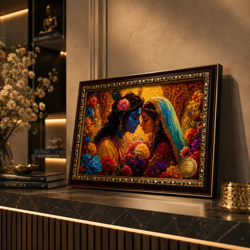 Framed artwork of Radha Krishna with flowers on a shelf.