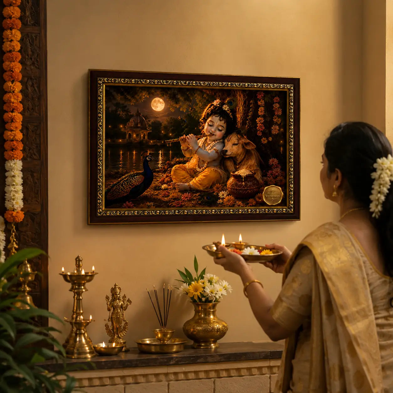 Woman doing pooja of baby krishna