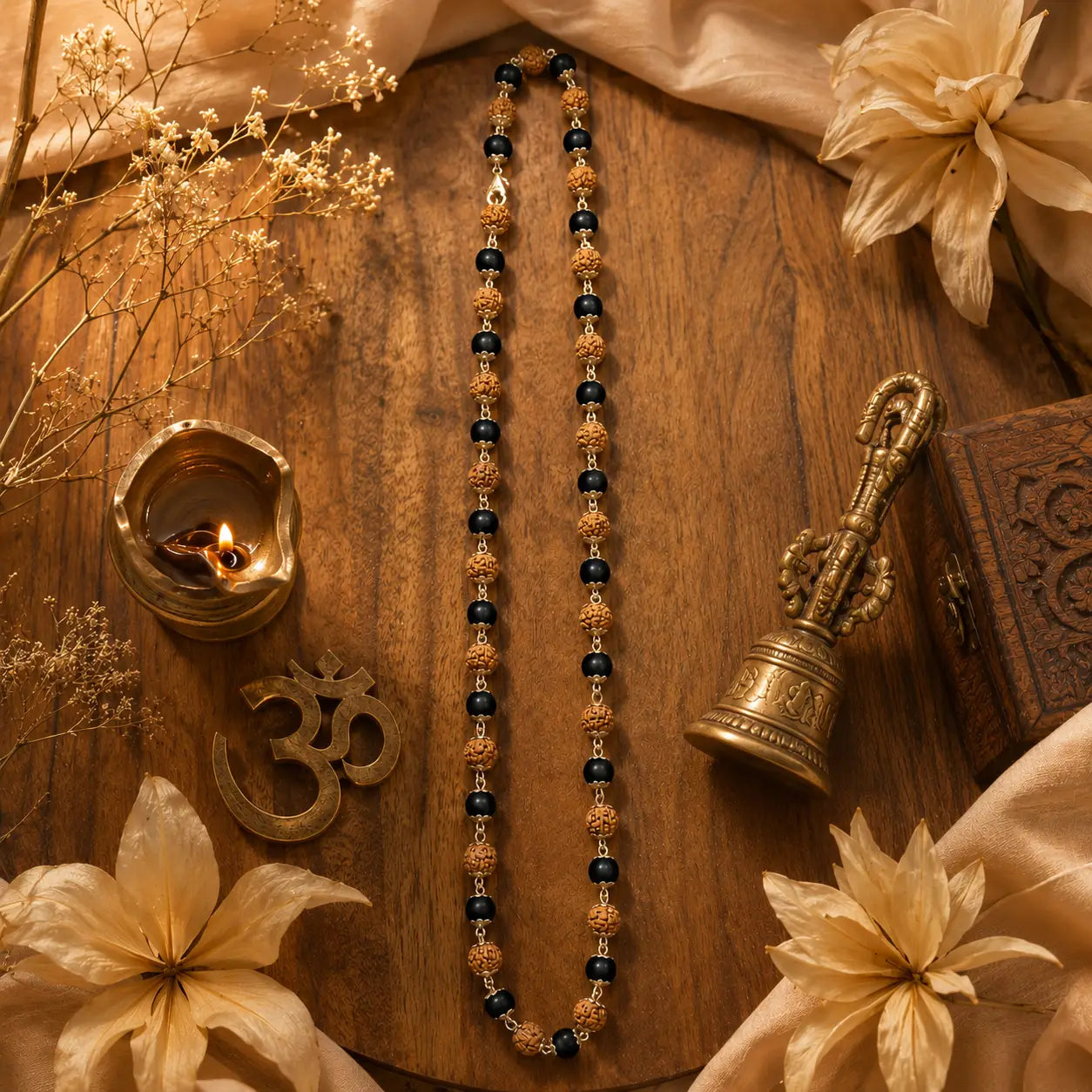 Decorative arrangement of Rudraksha & karungali mala on a wooden surface 