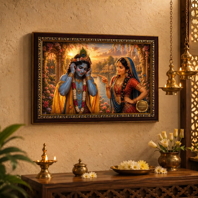 Framed artwork of Radha Krishna on a wall with decorative items below.