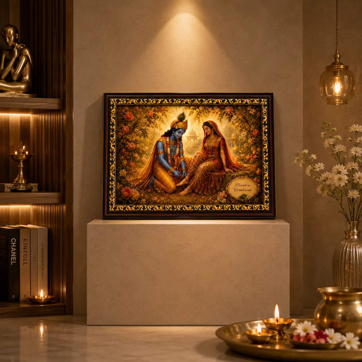 Framed artwork of Radha krishna in a decorative setting with candles and flowers.