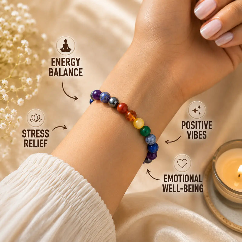 7 chakra beaded bracelet on a wrist with text labels for energy balance, stress relief, positive vibes, and emotional well-being.