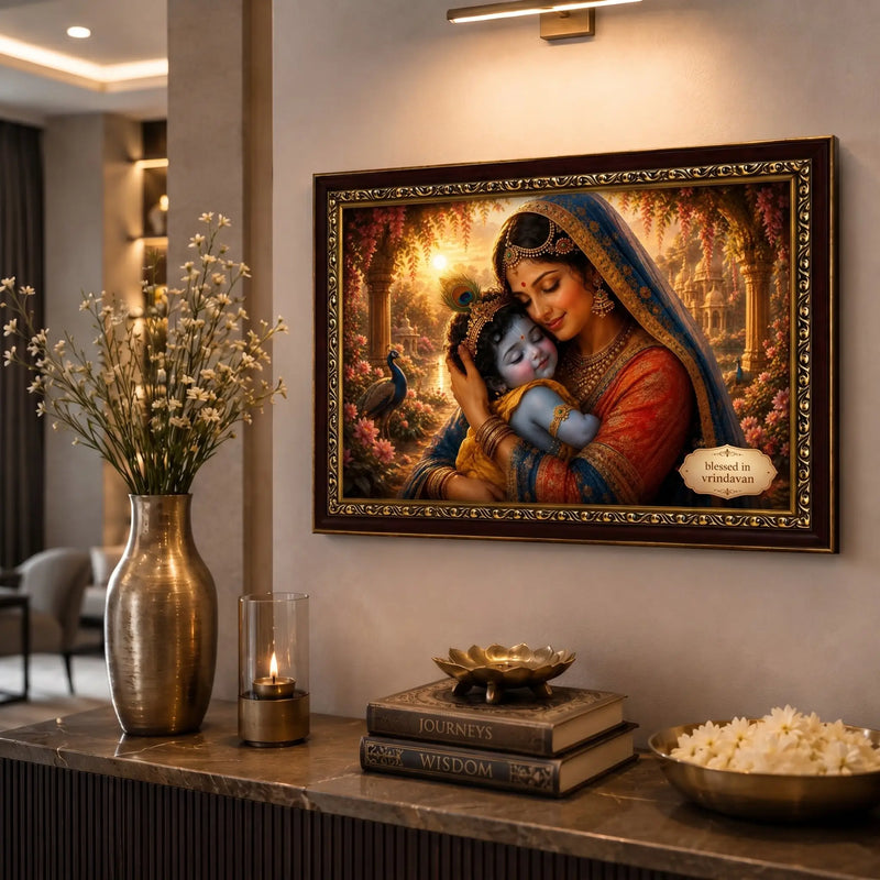 Framed artwork of yashoda ma holding baby krishna on a wall above a decorative table.