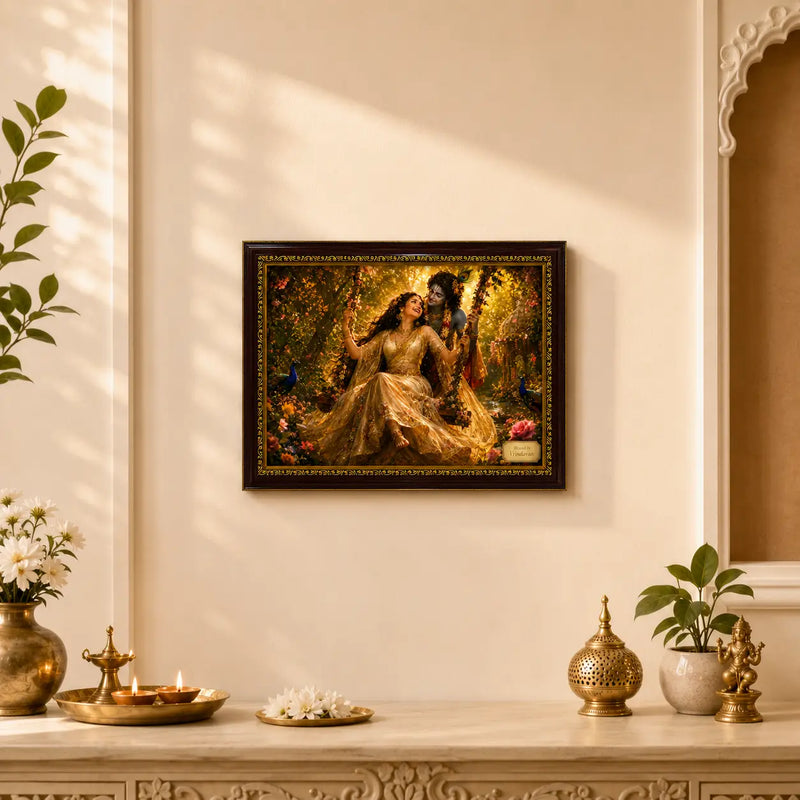 Framed artwork of Radha Krishna in a forest setting on a wall with decorative items below.