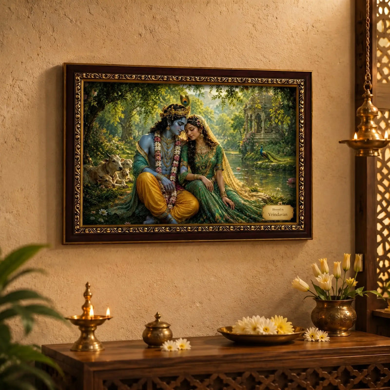 Premium Radha Krishna photo frame displayed on a wall, featuring the divine couple in a serene Vrindavan garden. Ideal for home temples, spiritual décor, and gifting. DharmikLife.