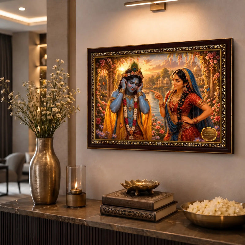 Framed artwork of Radha Krishna on a wall above a decorative table with a vase, candle, and bowl.