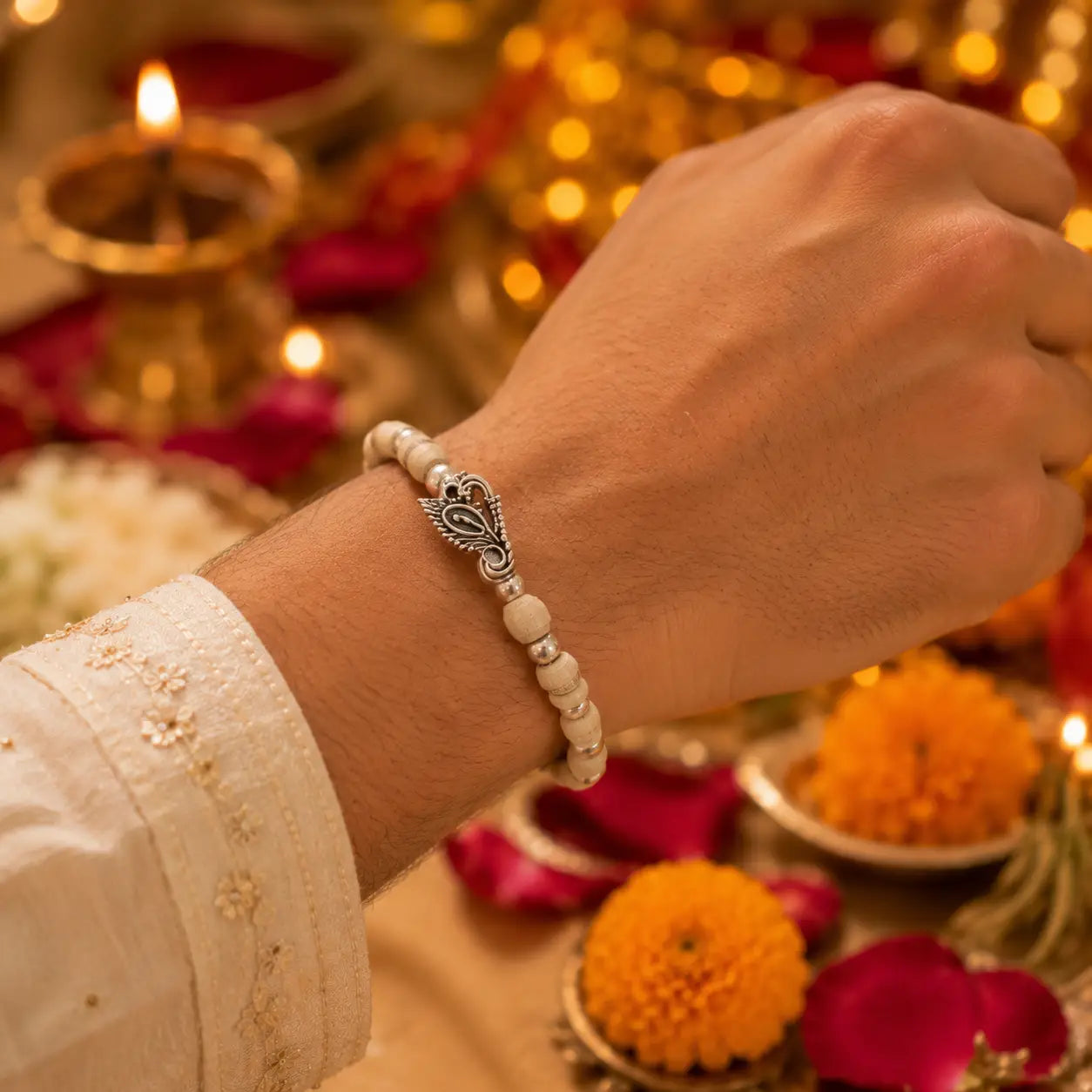 Original Tulsi Bead Rakhi Bracelet with Silver Plated Peacock Charm | Blessed in Vrindavan
