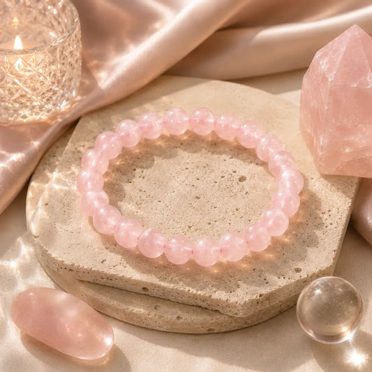 Rose Quartz bracelet on a stone surface with crystals and a candle in the background