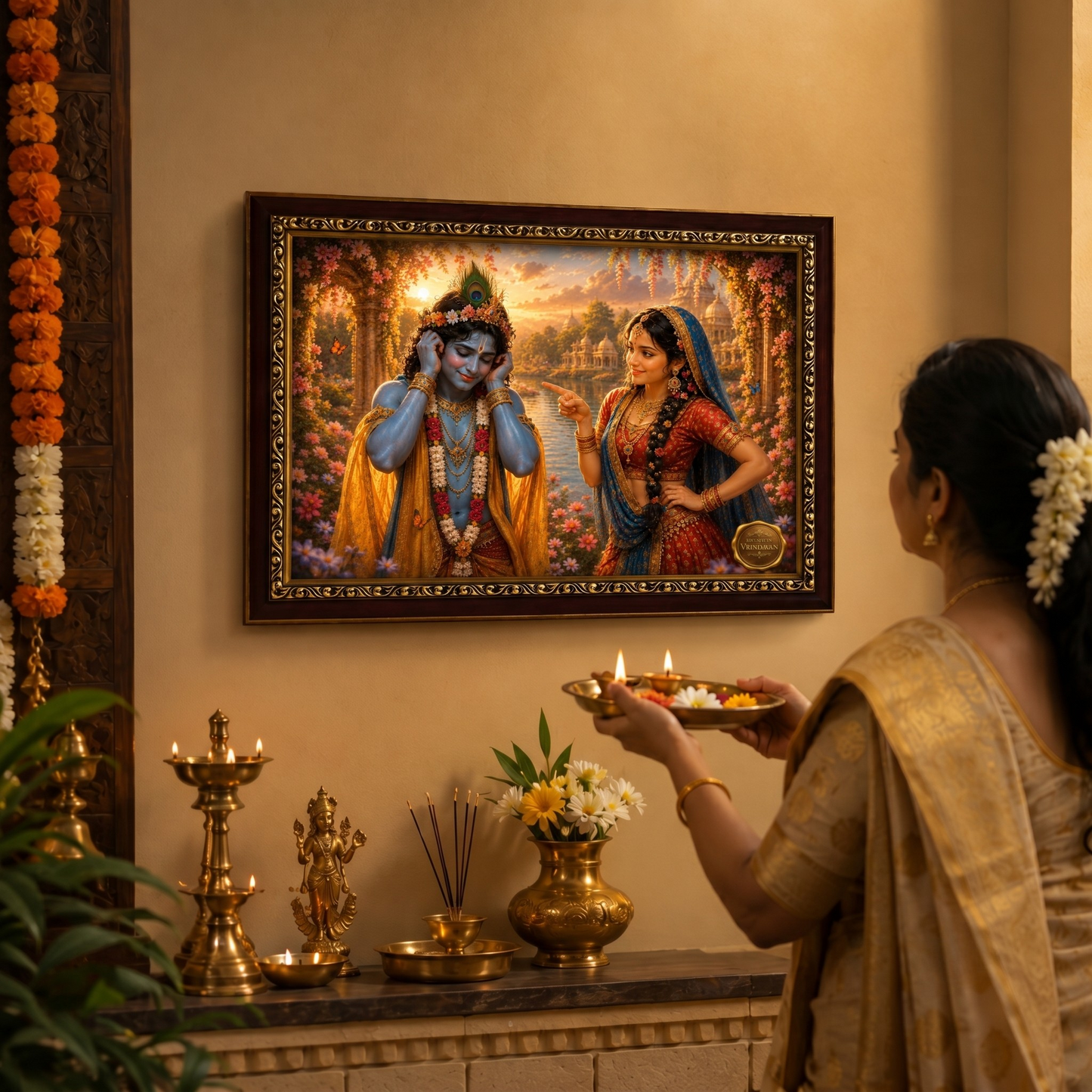 Woman performing a ritual in front of a framed artwork of Radha Krishna, with decorative elements and a warm ambiance.