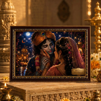 Framed artwork of Radha krishna in traditional attire with decorative elements on a wooden surface.