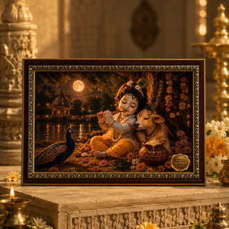 Framed artwork of Baby krishna playing a flute .