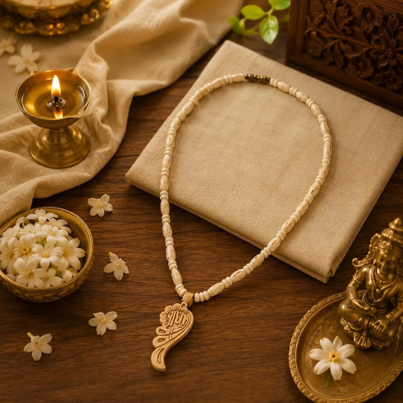 tulsi mala with radha shankh pendant engraving