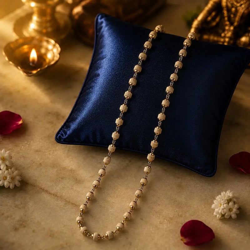 Gold Plated Tulsi Mala  ( 54 Beads, 6 mm), placed on blue pillow