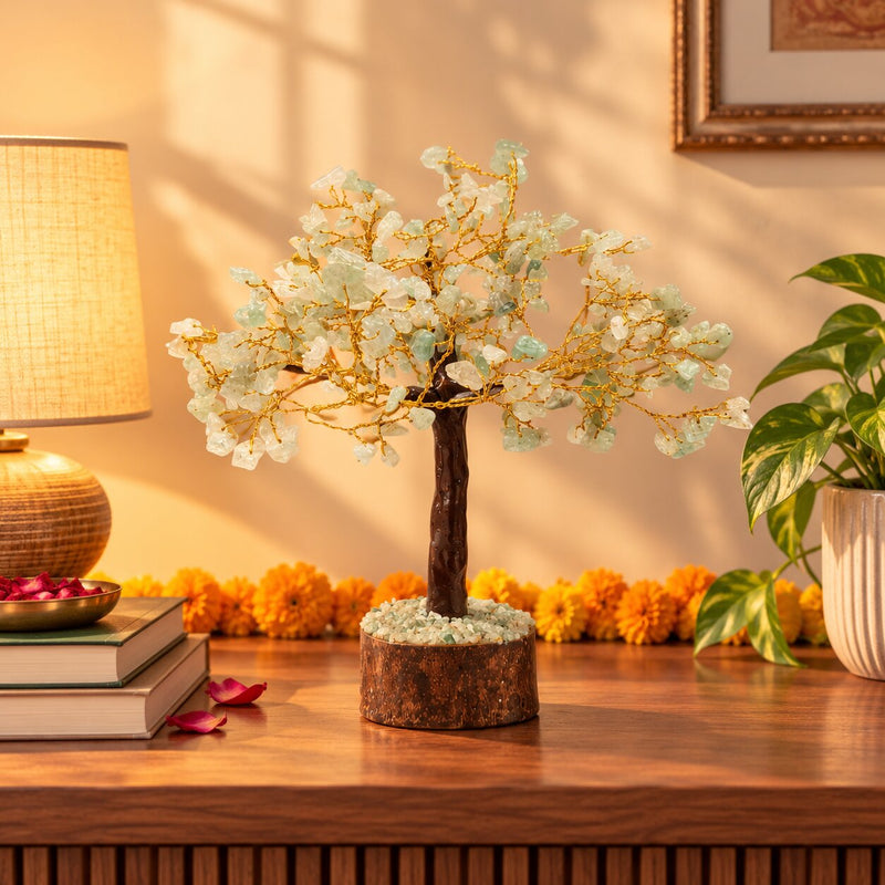 Green Aventurine crystal tree placed on a shelf