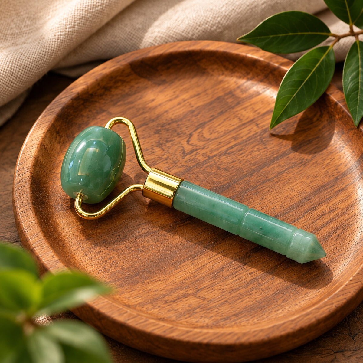 Green Aventurine Crystal Face Roller with Gold-Plated Frame for Luck, Growth & Self-Care