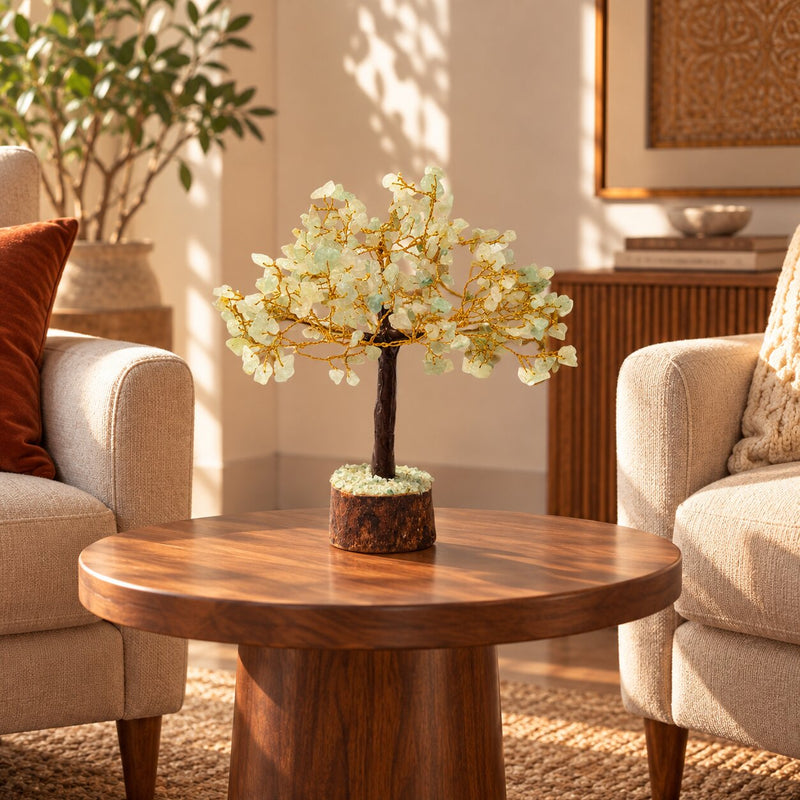 Green Aventurine crystal tree placed on a round table
