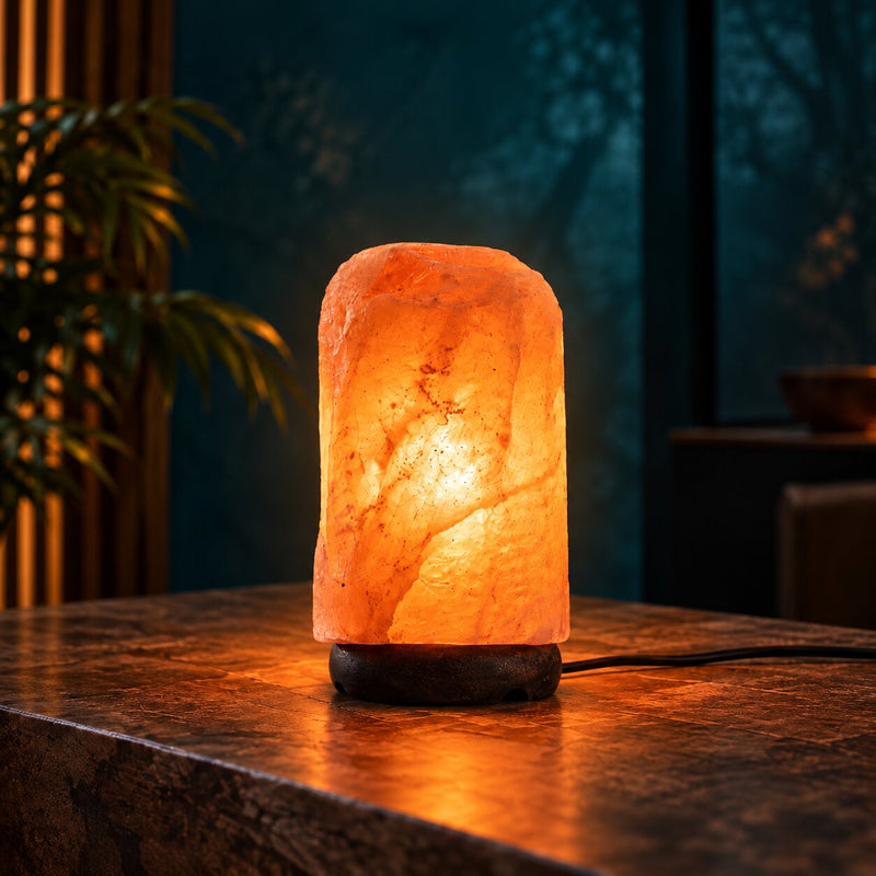 image of rock salt lamp in a beautiful teal environment