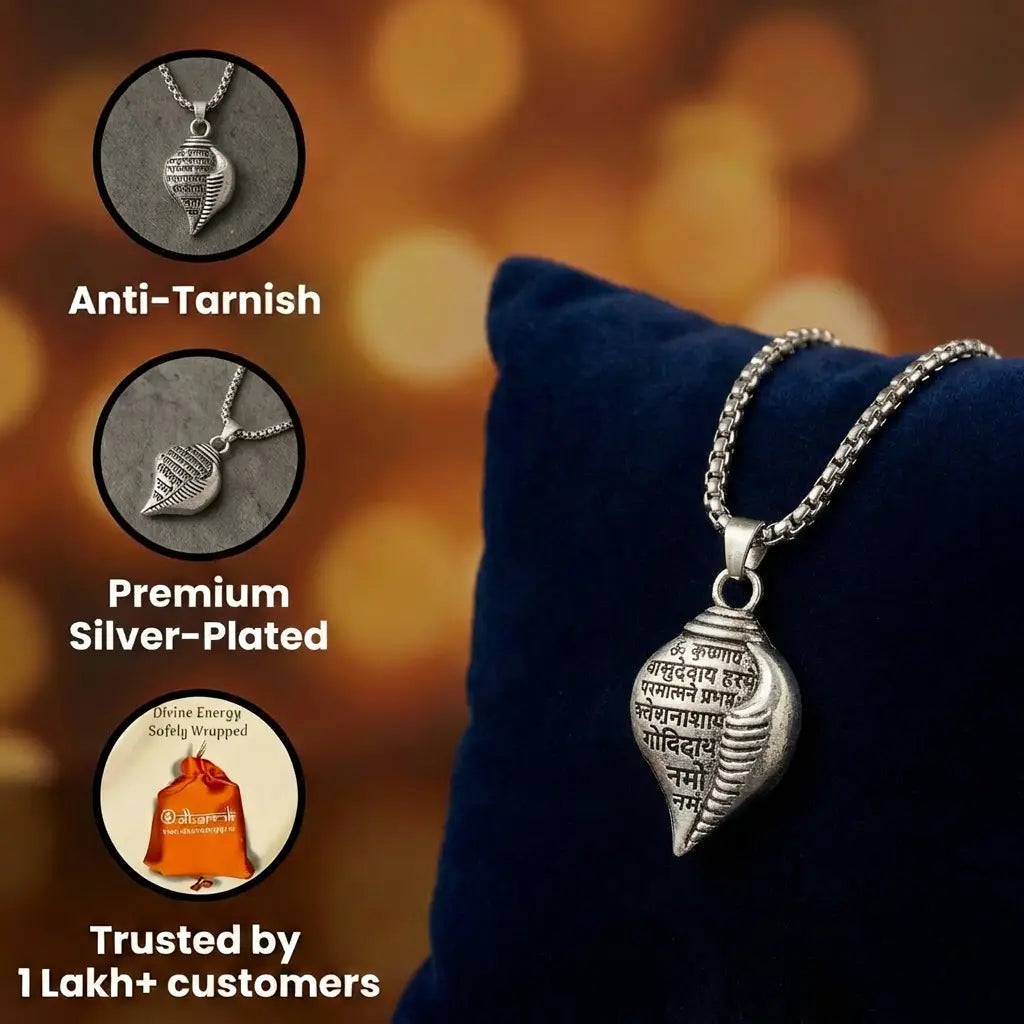 Silver Plated Chain with Krishna Mantra Shankh Pendant Dharmik