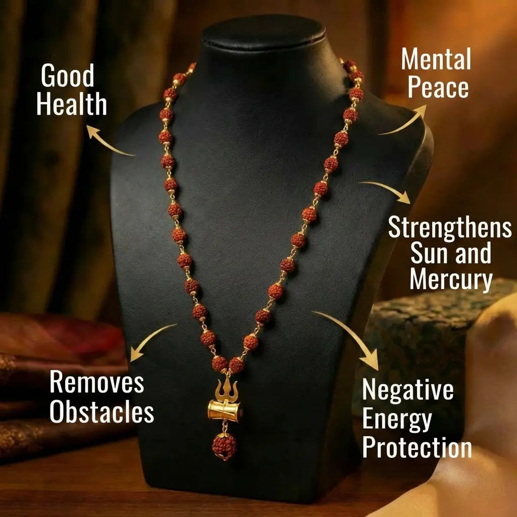 Premium and Authentic Rudraksha Mala displaying its benefits.