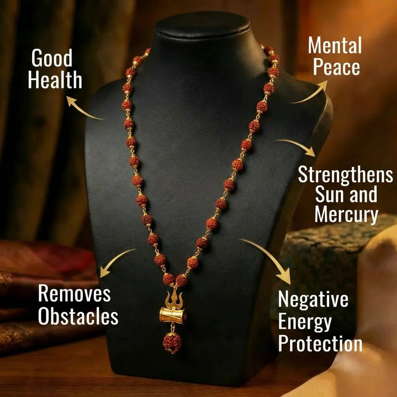 Premium and Authentic Rudraksha Mala displaying its benefits.