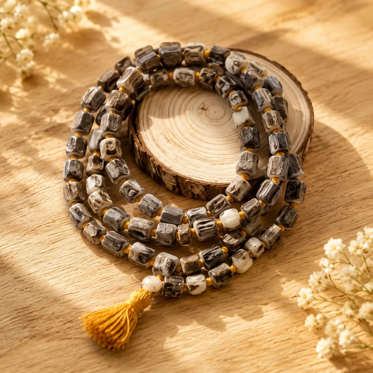 108-bead Tulsi Japa Mala t showcased on natural wood slice