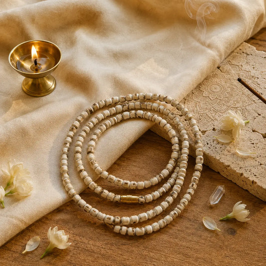 Original Tulsi Kanthi Mala – Double Round, 6 mm, placed on a wooden slab