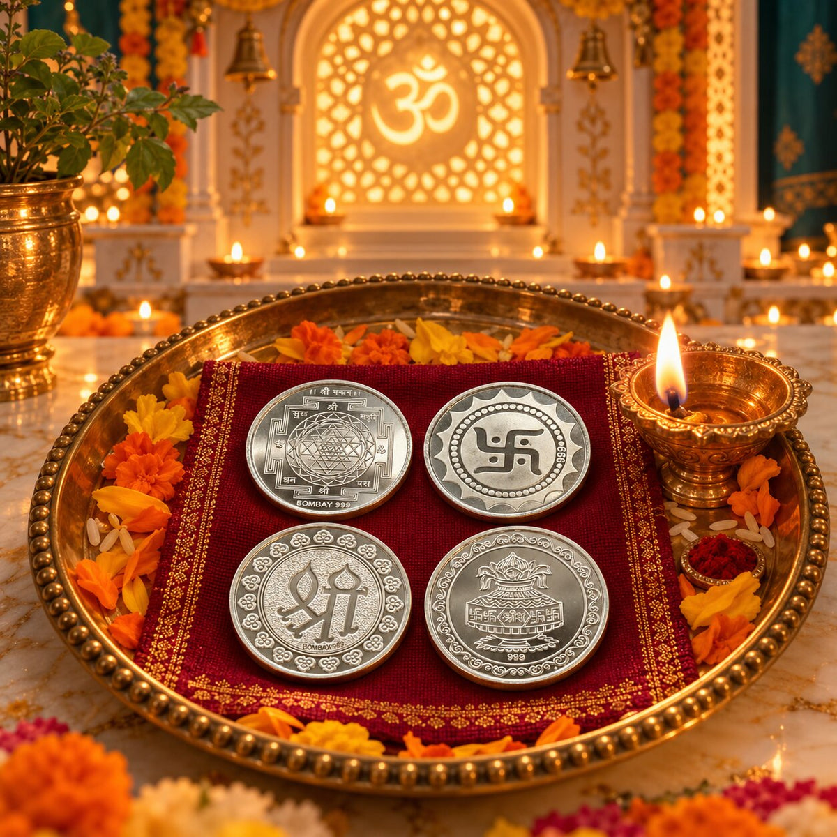 Shree Samriddhi Silver Plated Coin Collection – Swastik, Shree Yantra, Shree & Kumbh Coins for Pooja & Gifting