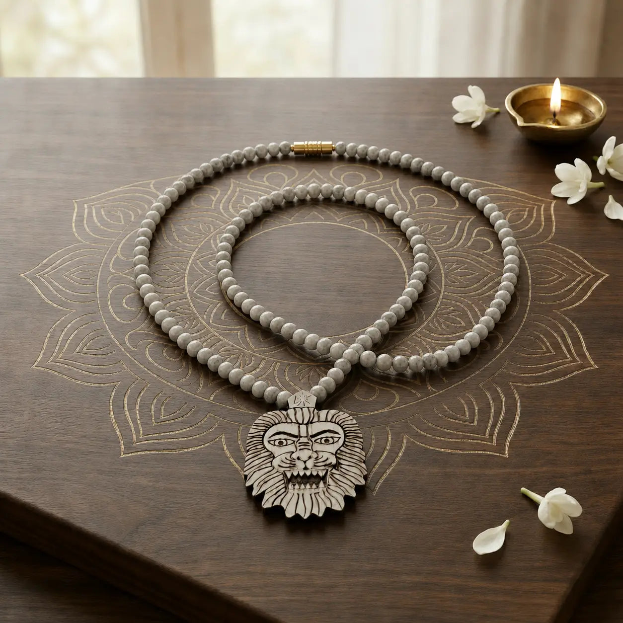 Original Narasimha Raksha Tulsi Mala with double round beads and hand-carved Narasimha pendant