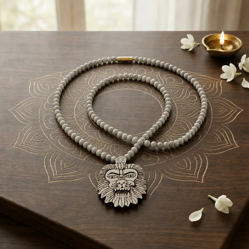 Original Narasimha Raksha Tulsi Mala with double round beads and hand-carved Narasimha pendant