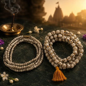 Tulsi Kanthi Mala - 8mm and Tulsi Japa Mala - 10 mm ,made from authentic Vrindavan Tulsi wood beads displayed together