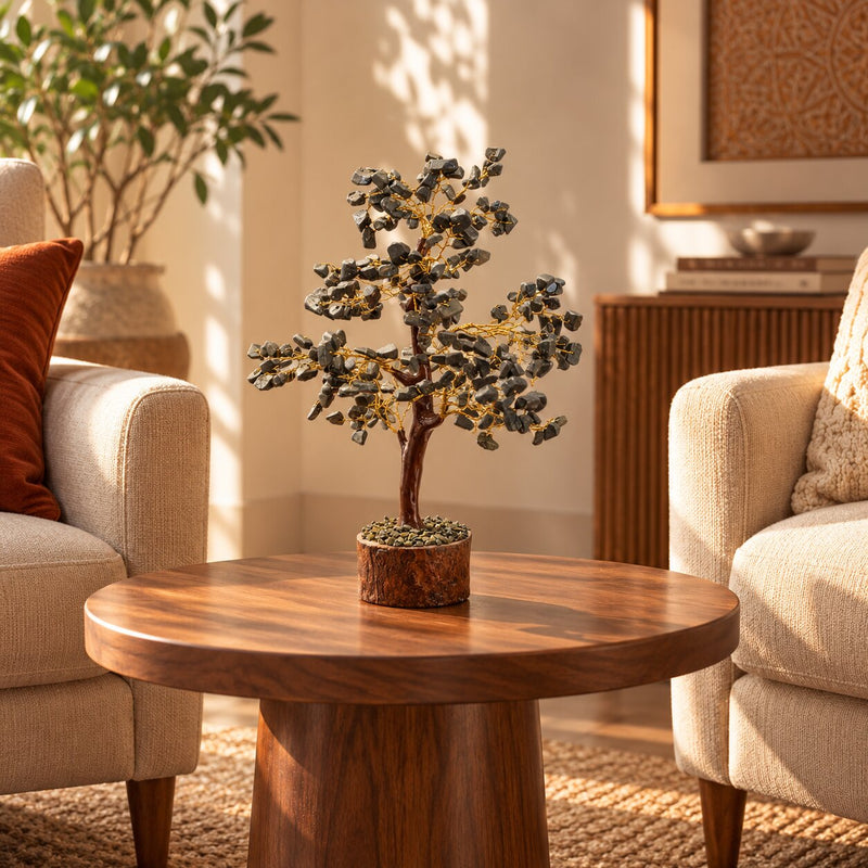 Pyrite Tree crystal tree on a round table 