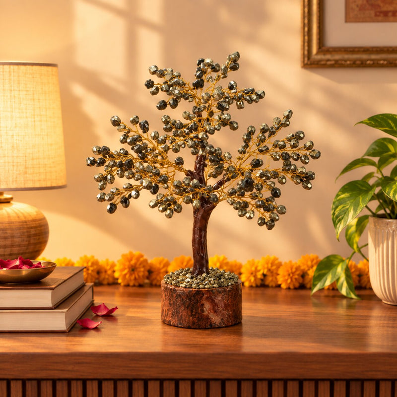 Pyrite Tree crystal tree placed on a shelf