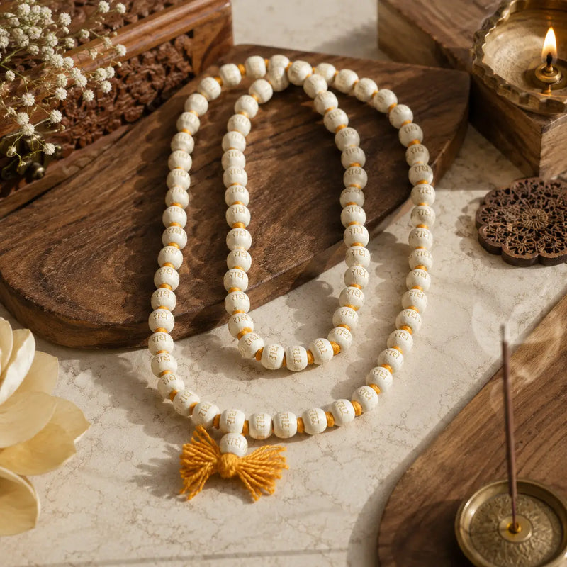 Authentic 108-bead Vrindavan Tulsi Mala with Radhe inscriptions, cream beads, and a yellow tassel.