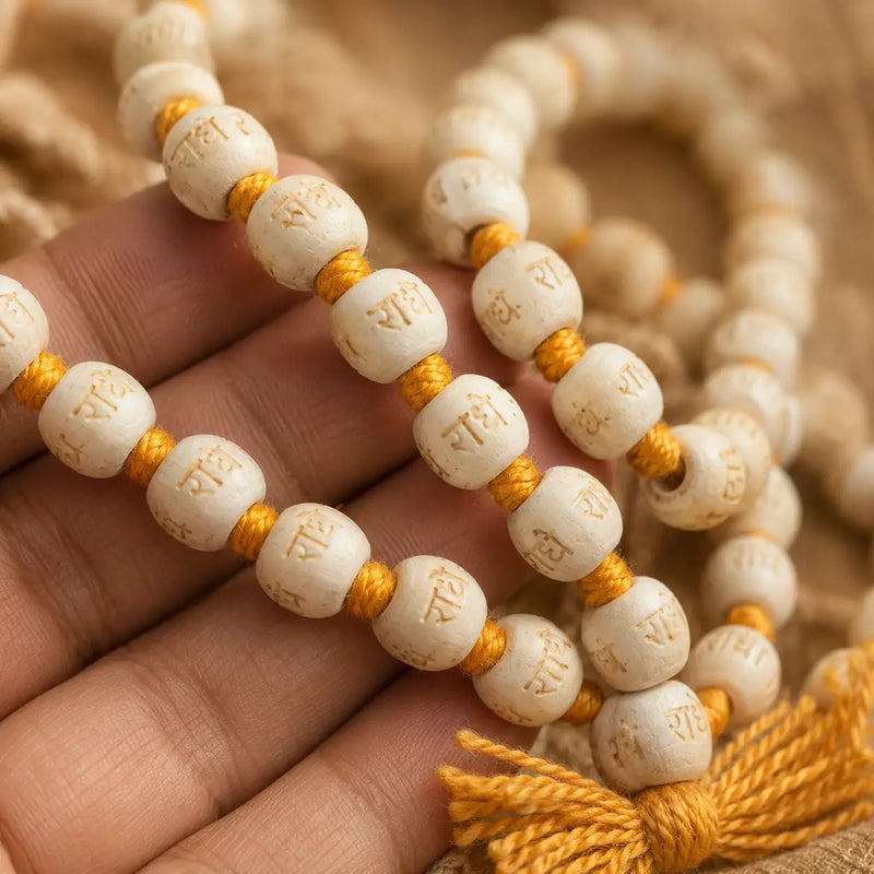 Close-up of Radhe name hand-engraved on cream 10mm Tulsi wood beads with yellow knots.