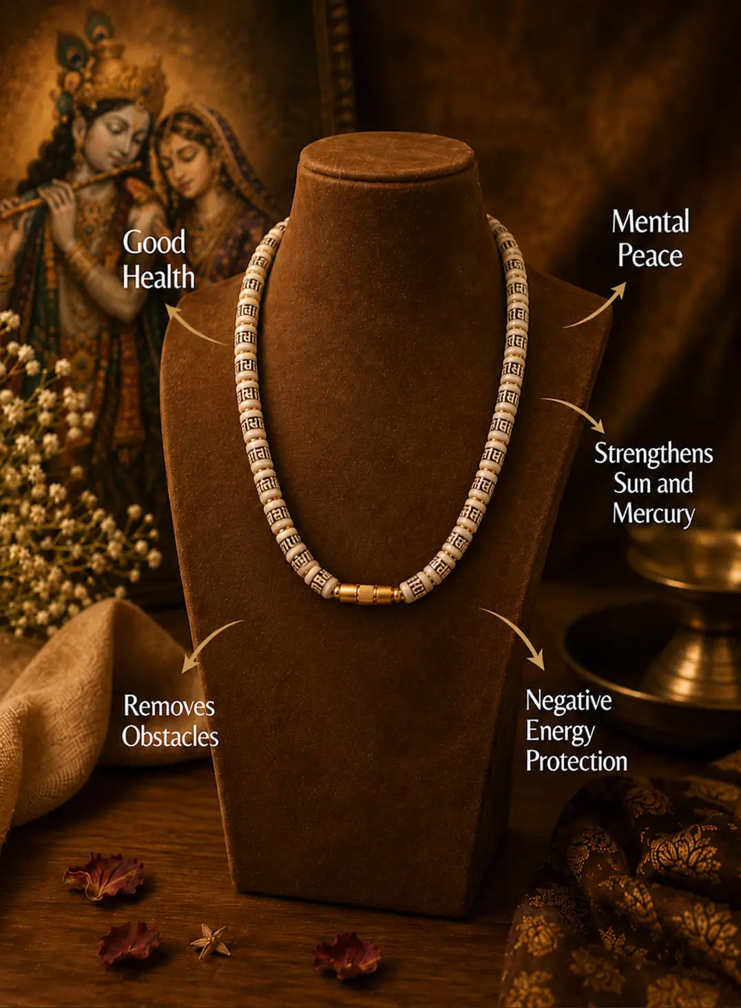 Radha Naam Tulsi Kanthi Mala showcasing benefits