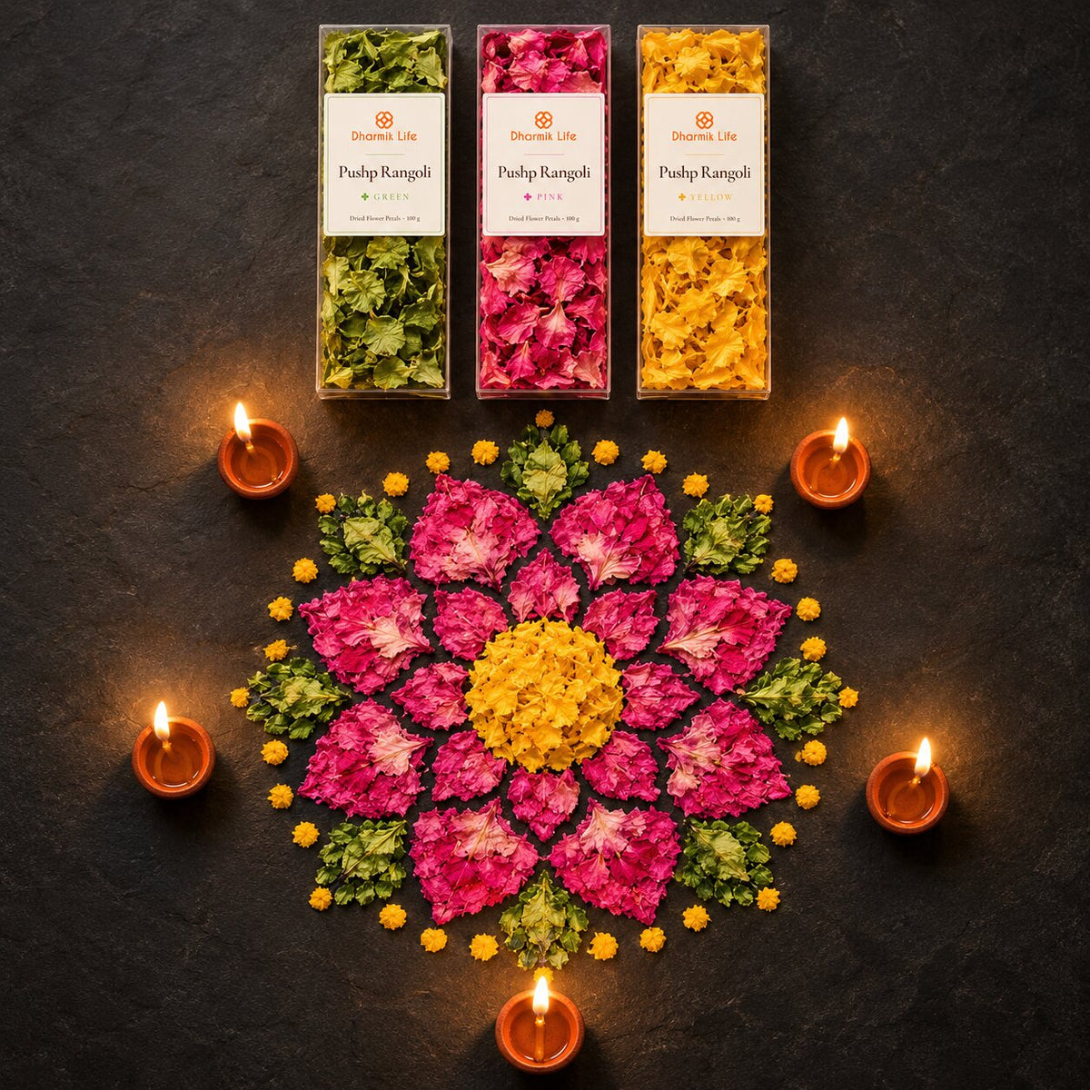 Pushp Rangoli – Natural Dried Flower Rangoli Set of 3 (Green, Pink, Yellow) | 3 × 100 g
