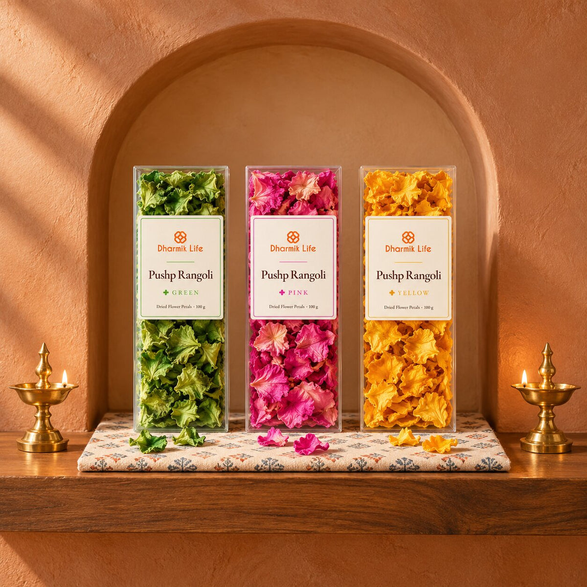 Pushp Rangoli – Natural Dried Flower Rangoli Set of 3 (Green, Pink, Yellow) | 3 × 100 g
