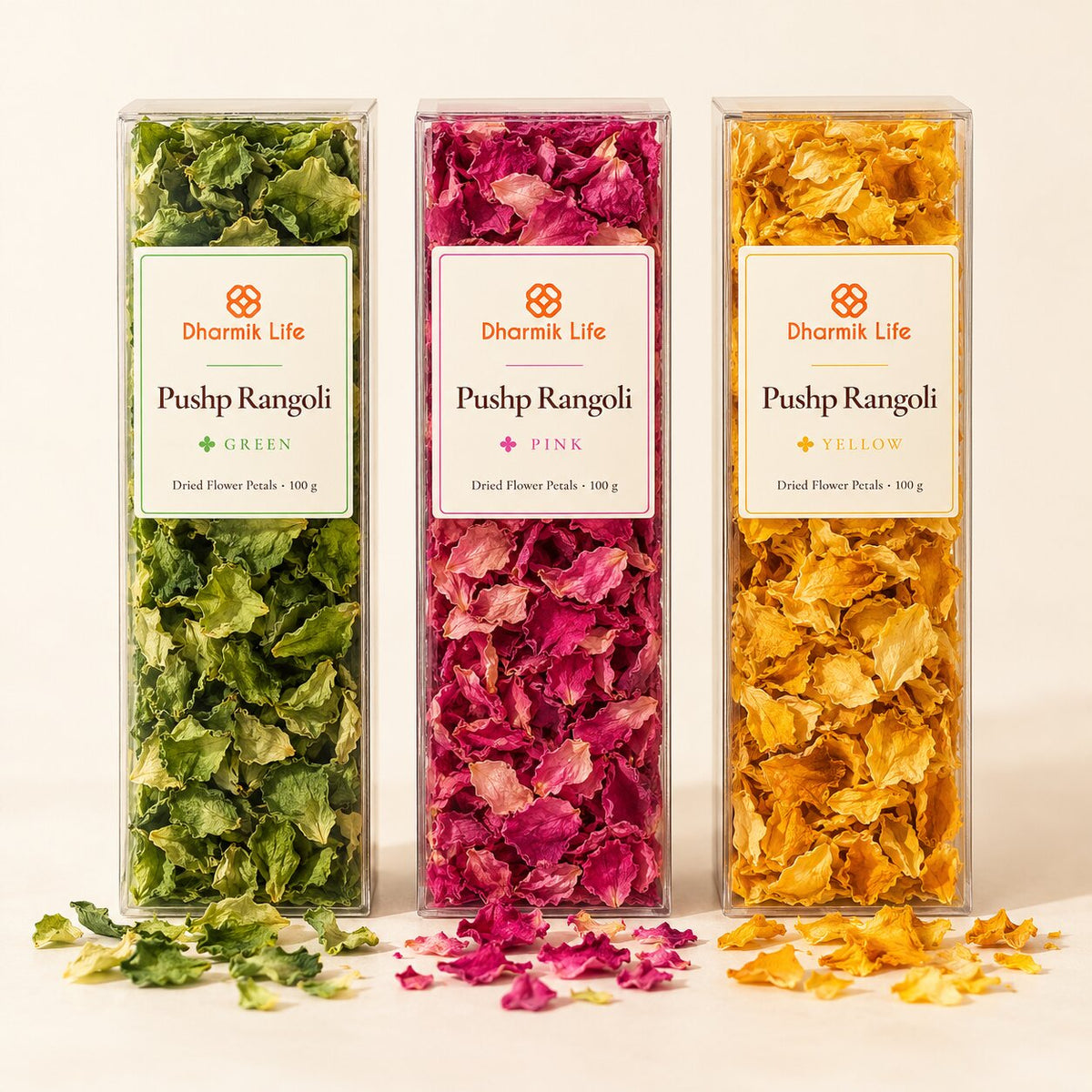 Pushp Rangoli – Natural Dried Flower Rangoli Set of 3 (Green, Pink, Yellow) | 3 × 100 g