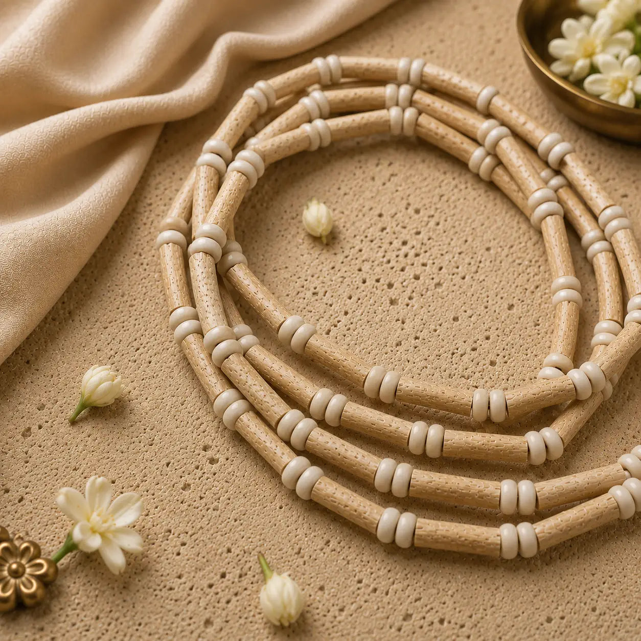 Original Rani Mala double round 5 mm placed on beige plate and cloth around