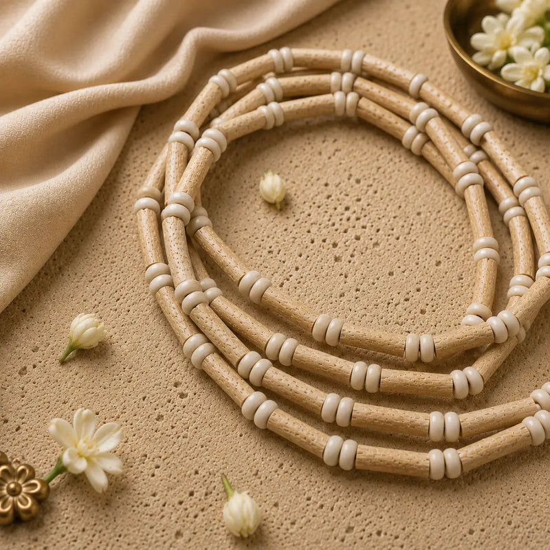 Original Rani Mala double round 5 mm placed on beige plate and cloth around