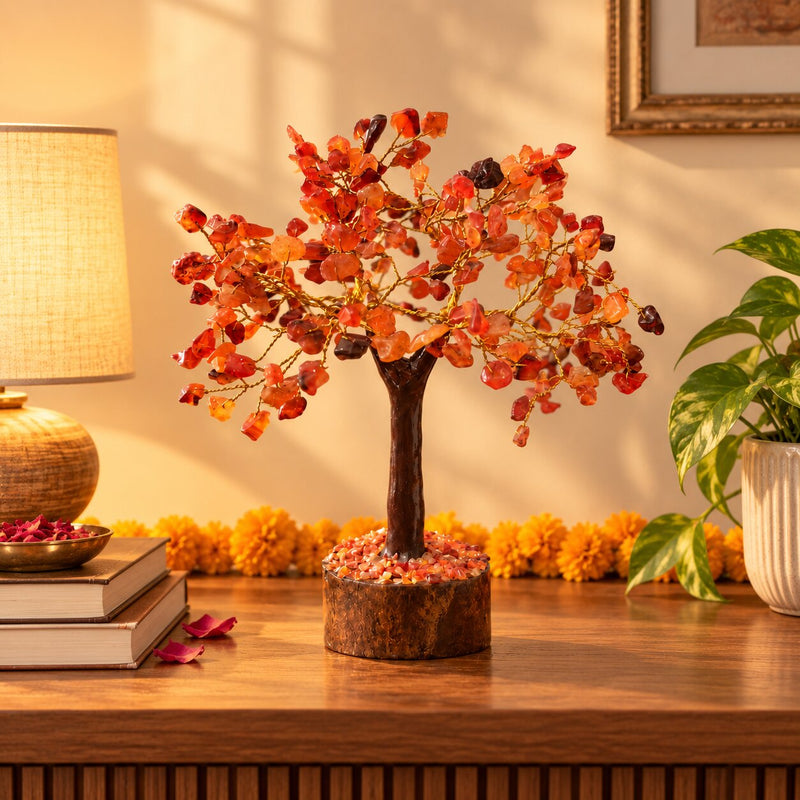 Red Carnelian crystal tree on a shelf