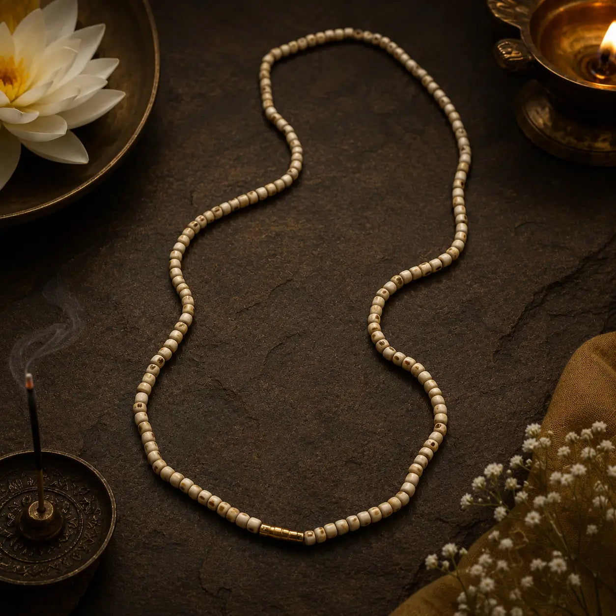 Tulsi Kanthi Mala 6mm bead placed on a brown cloth