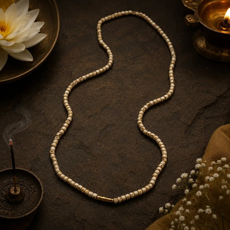 Tulsi Kanthi Mala 6mm bead placed on a brown cloth
