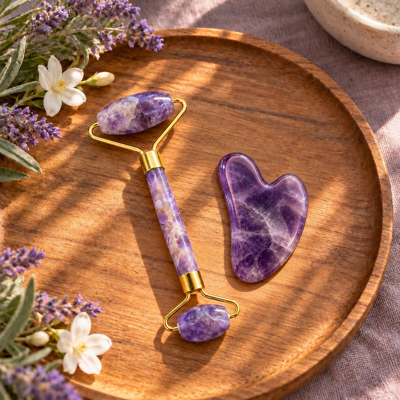Amethyst Gua Sha and  Roller placed on a wooden plate