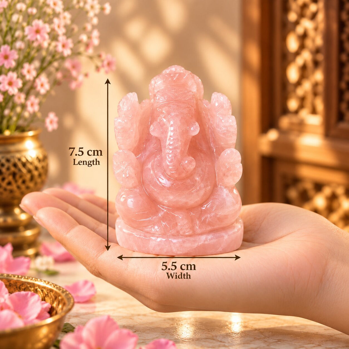dimensions of Rose Quartz Crystal ganesh ji 