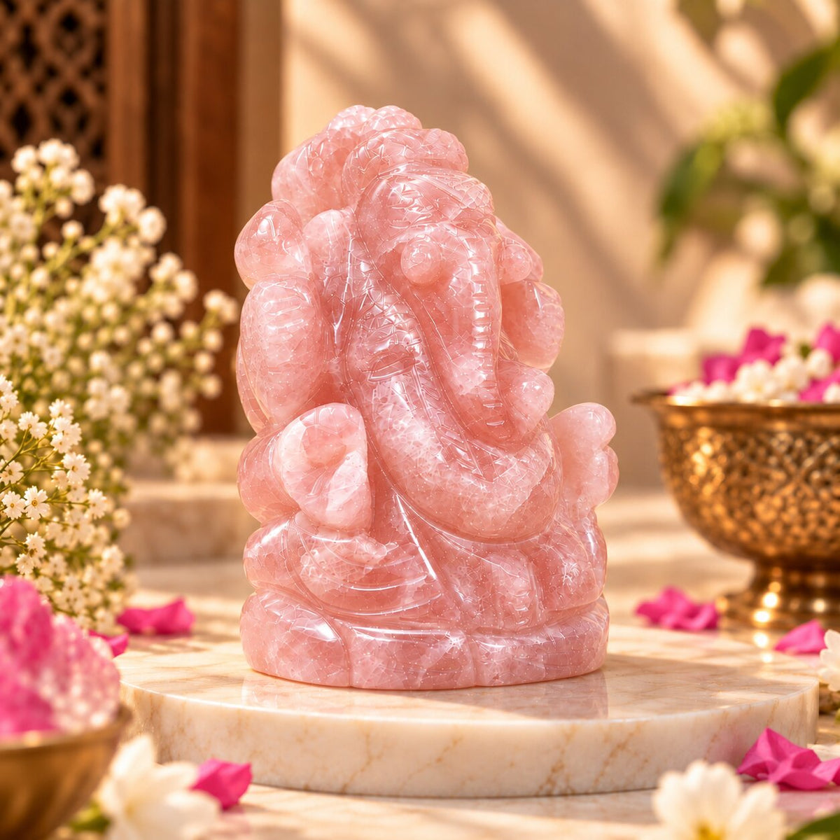 side profile of Rose Quartz Crystal ganesh ji 