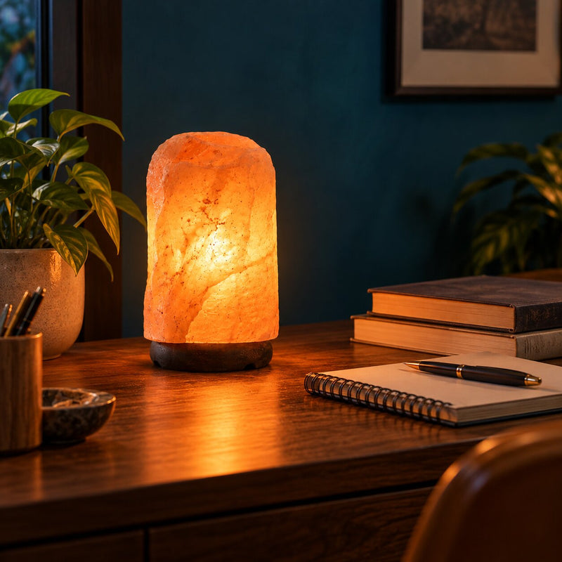 image of rock salt lamp placed on a study table