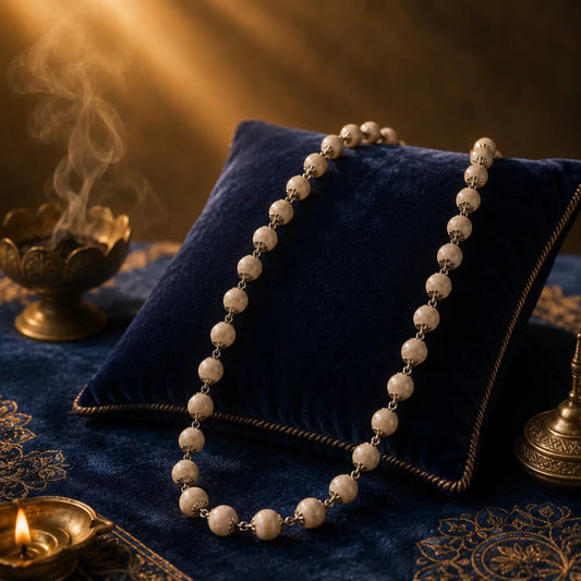 Original Silver-Plated Tulsi Mala – 54 Beads, 10 mm, placed on a blue pillow

